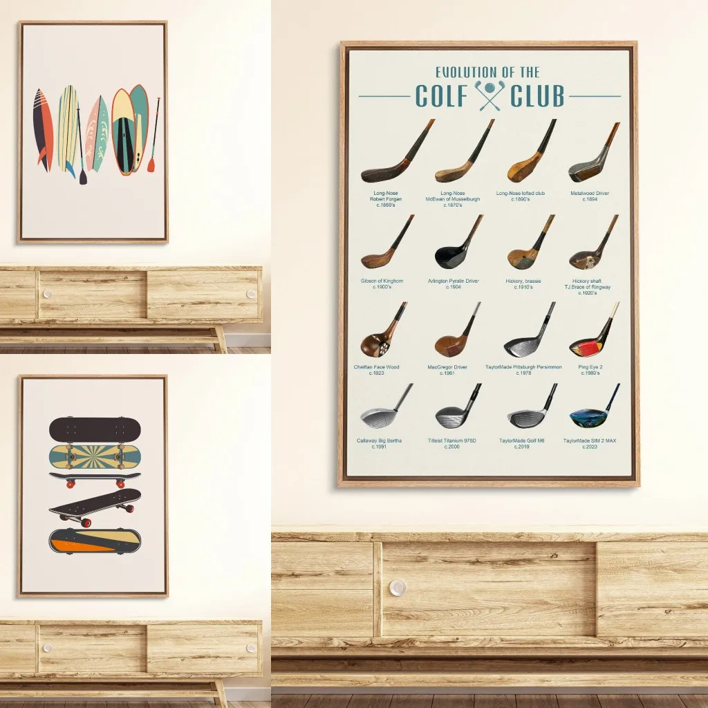 Retro Prints Modern Minimalist Hobbies Wall Art Pictures Golf Club Skateboards Surfboards Canvas Paintings for Home Decor