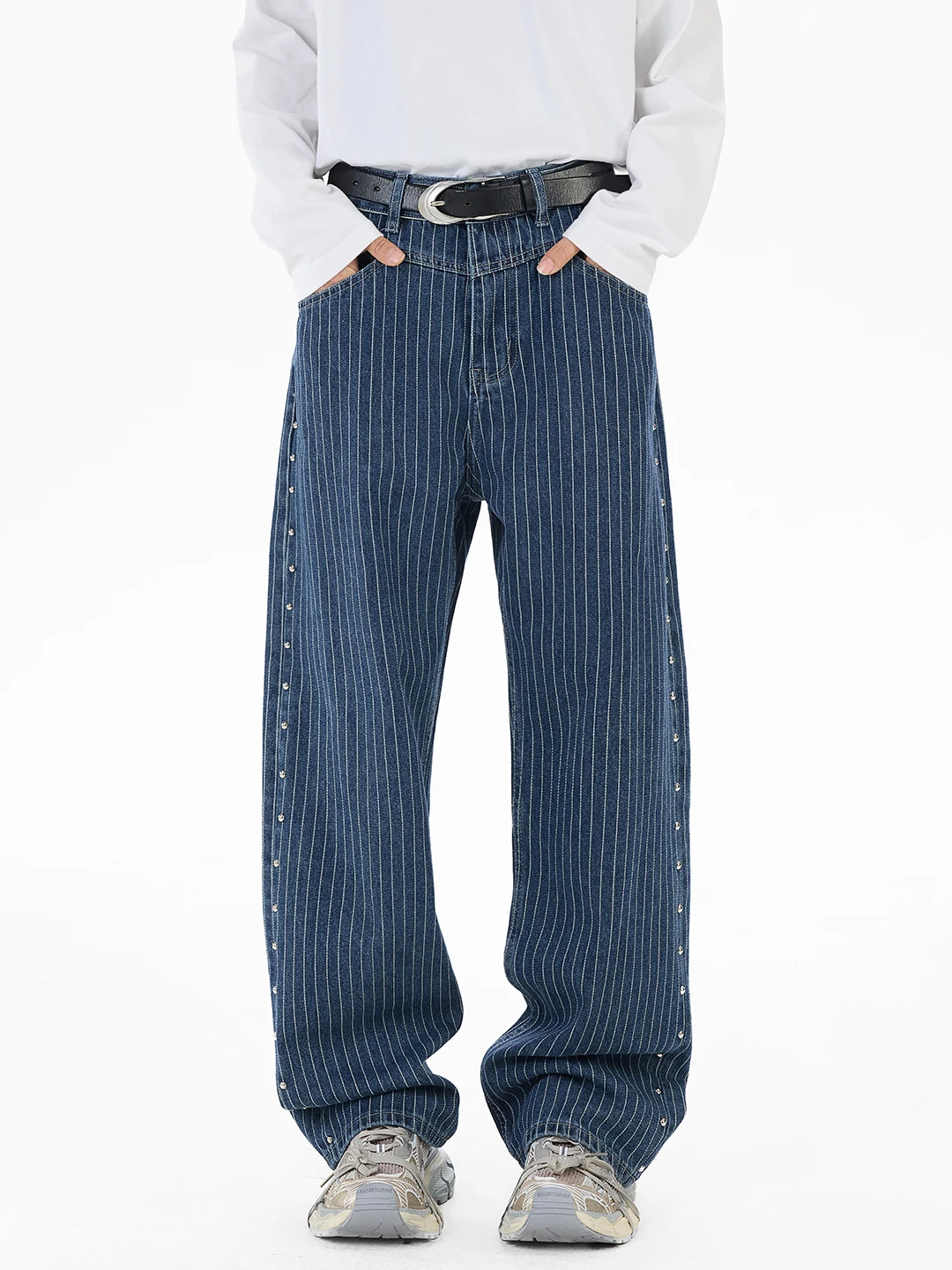 

Retro American Waed Side S Beaded Striped Men's Jeans Casual Loose Straight Leg Wide Leg Long Pants Spring New Sle