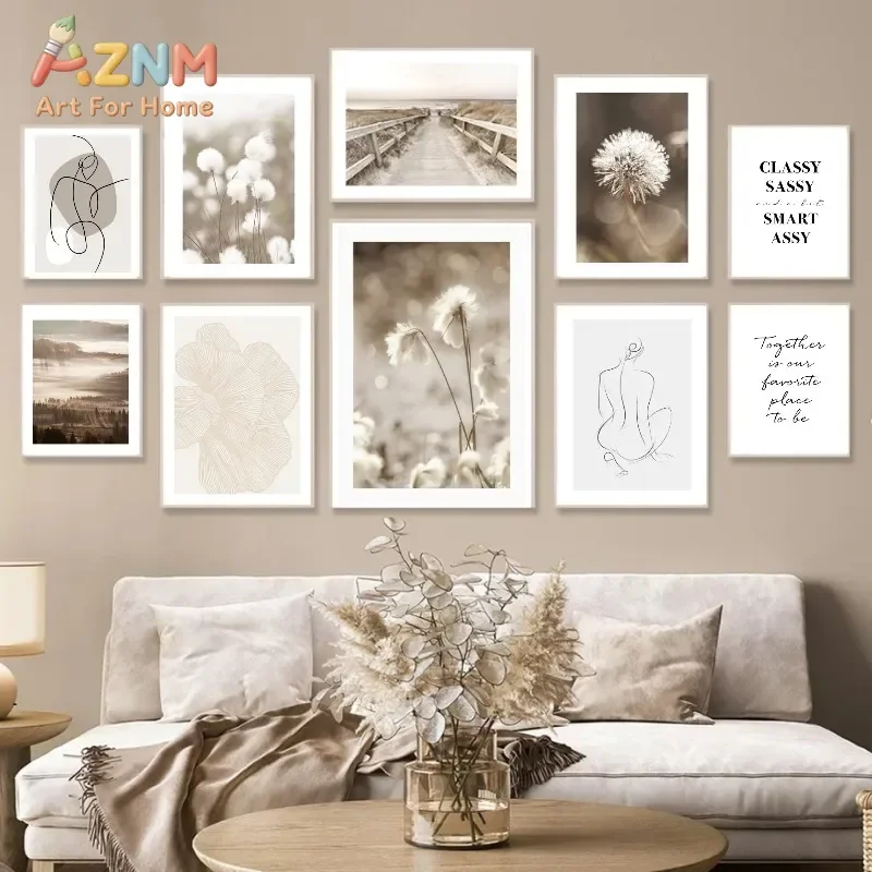 AZNM Neutral Beige Boho Canvas Wall Art Abstract Figure Line Drawing Dandelion Nature Landscape Inspirational Text Quote Print f