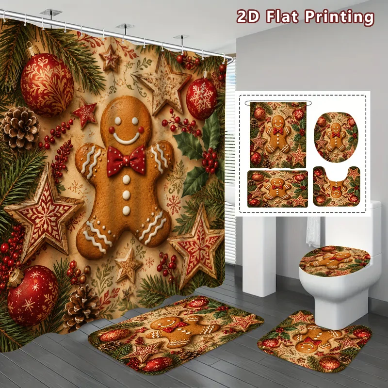4pc 2D Flat Vintage Gingerbread Man Shower Curtain Set, Red & White Snowflake Pattern, U Mat & Toilet Cover