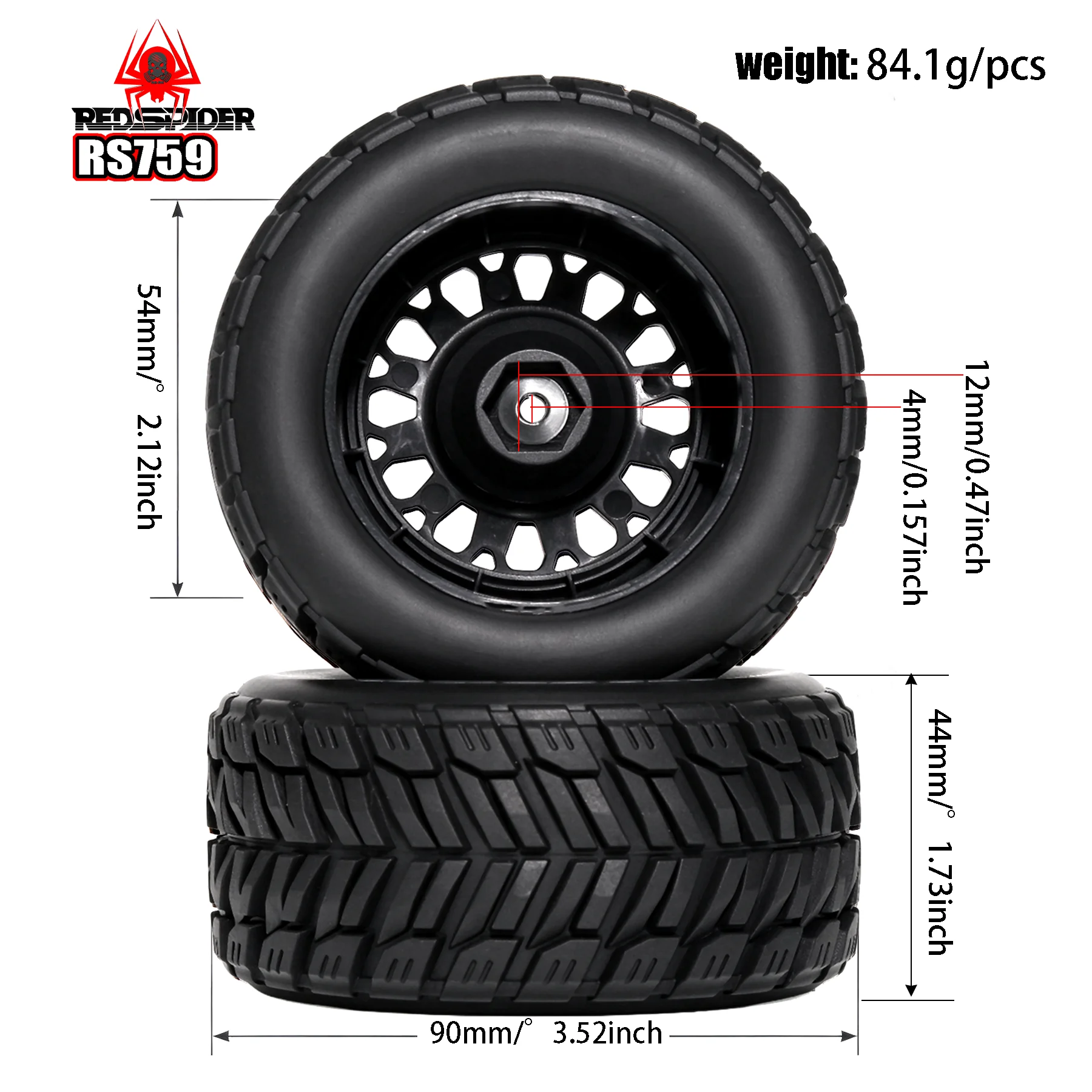 RED SPIDER 4Pcs 1/14 1/16 Scale 90mm RC Monster Truck Wheel Tires, All Terrain Pre-glued Tires for Wltoys Off-road RC Car Access