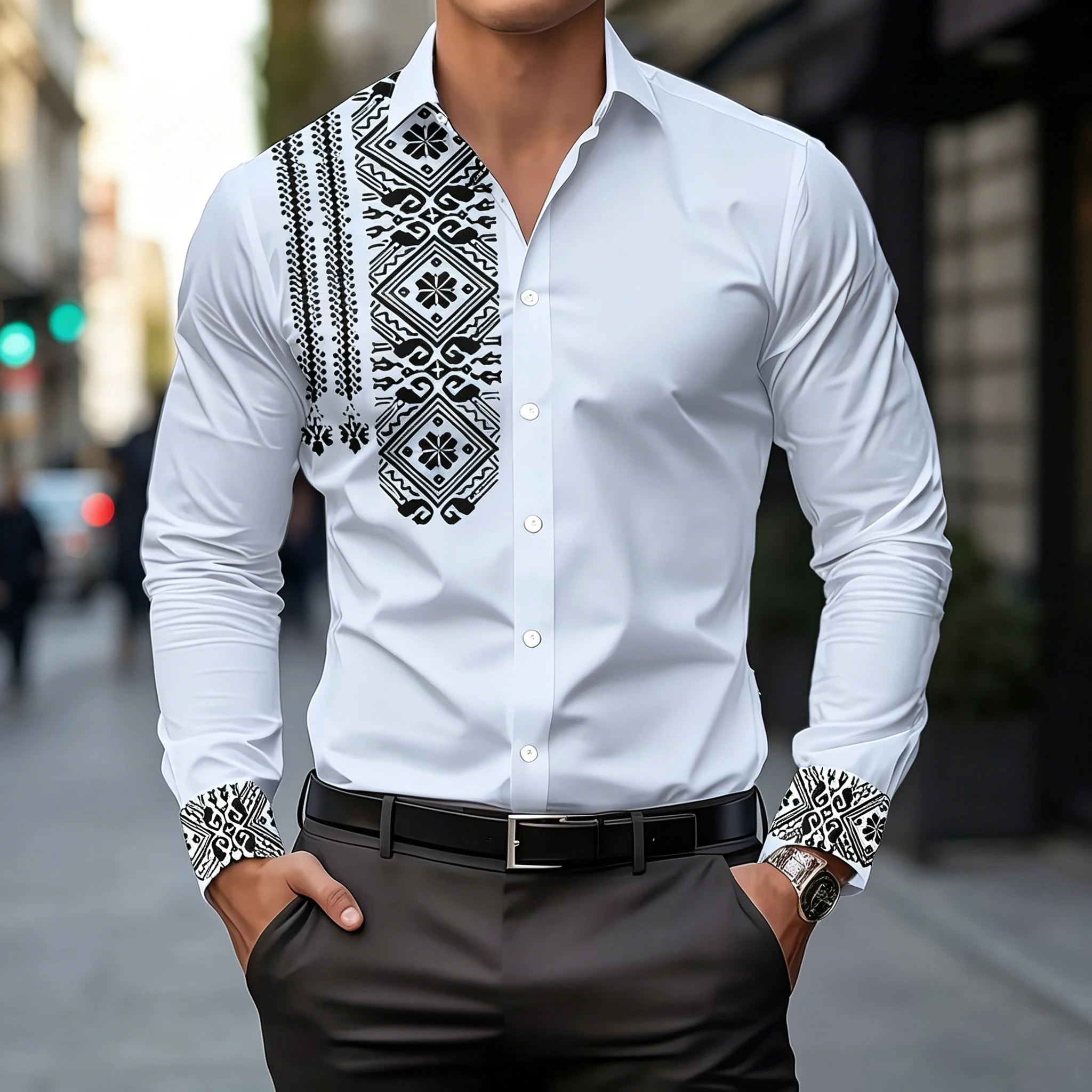 Men's Long-Sleeved Black and White Geometric Print Shirt with Exotic Ethnic Totem Pattern, Suitable for Commuting.