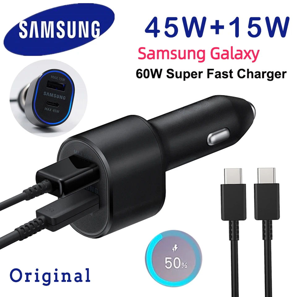 60w Samsung Usb Araç Şarj Cihazı Süper Hızlı Şarj 45w 15w 2 Port Usb C PD Otomatik Şarj Cihazı Galaxy S24 Ultra S23 S22 Not 20 A53 M54