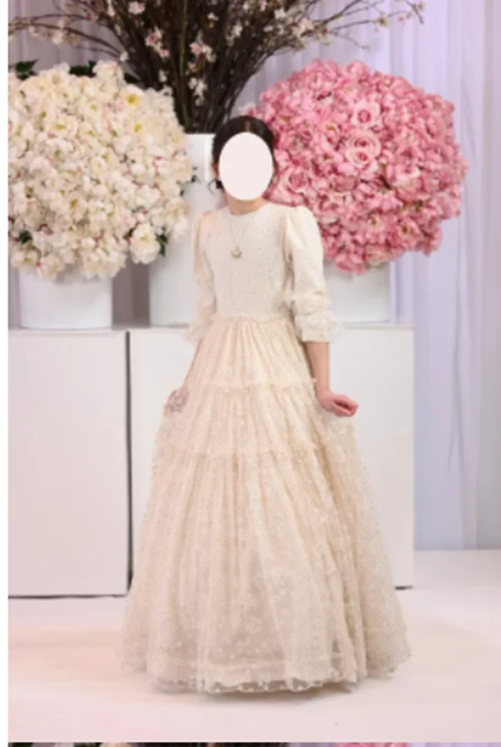 Robe longue en dentelle à fleurs pour petite fille, col rond, manches bouffantes, tenue de fête de mariage