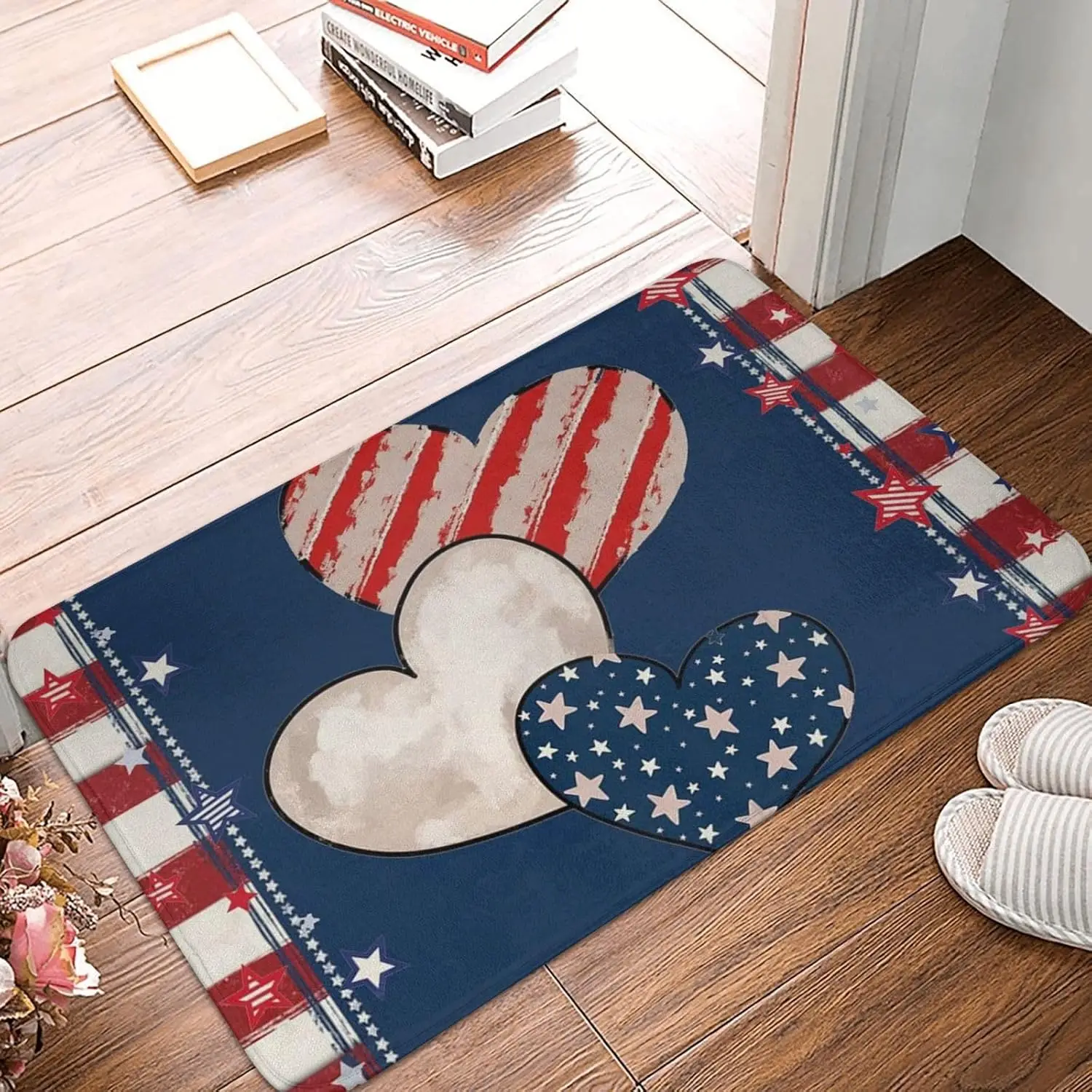 Funny Mat Heart Stripe Stars 4th of July Bath Rugs Patriotic America Memorial Day Independence Day Doormat Non Slip Absorbent