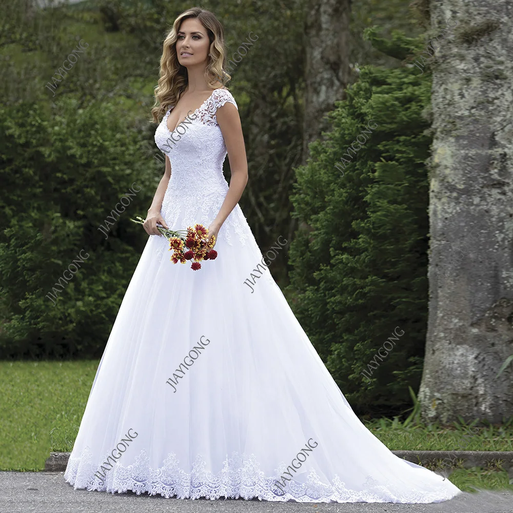 Jiayigong vestido de casamento branco puro feminino noiva personalizado manga boné com decote em v renda tule robe de mariee botão uma linha vestido de noiva