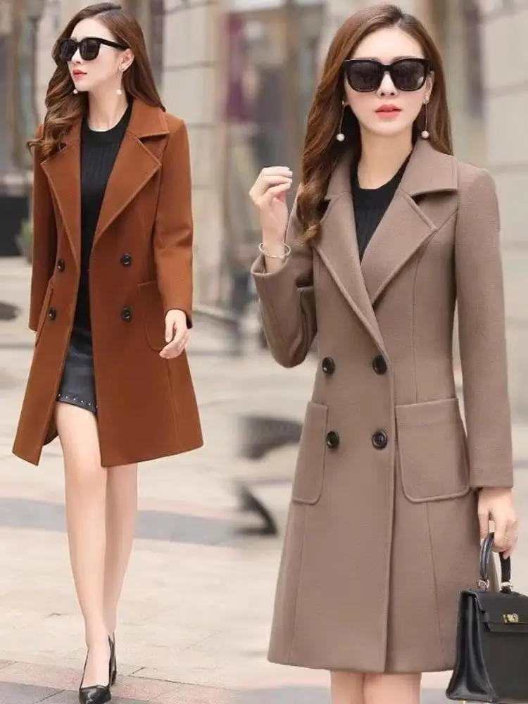 플러스 사이즈 여성용 한국 스타일 루즈 울 코트 가을 겨울 신상 슬레 프로 코트 롱 코트 단색 헤비 여성용