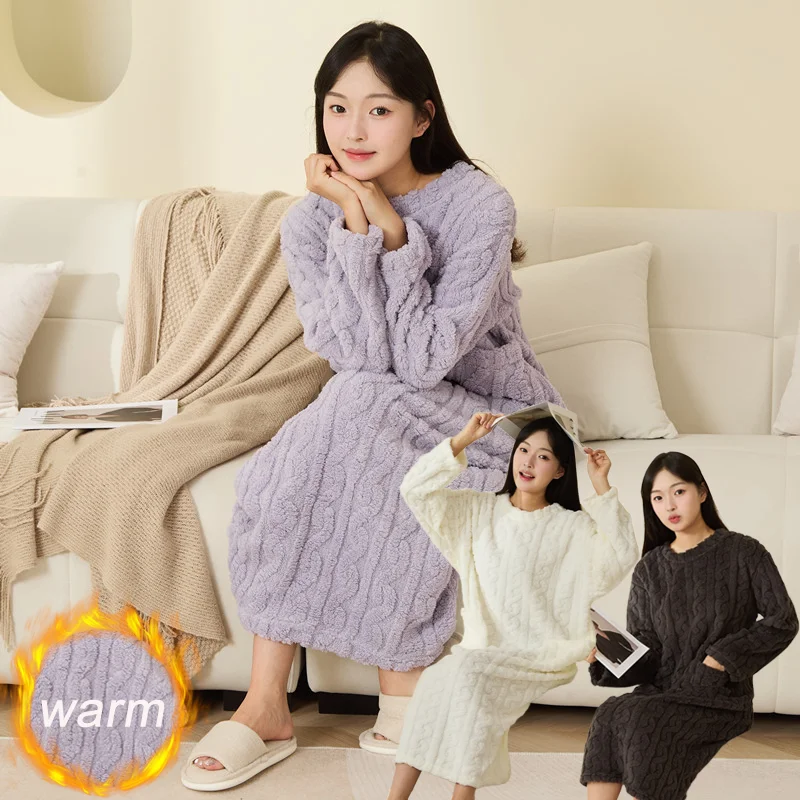Women Bathrobe Coral Fleece Padded Thickened Warm Plus Size Homewear Pajama Dress for Winter College Students