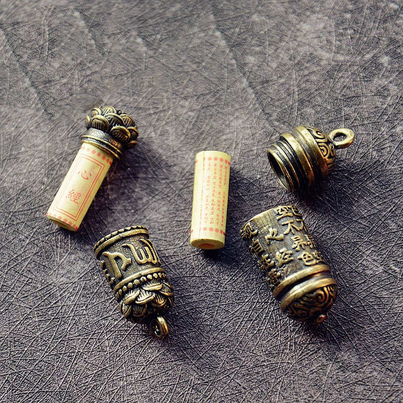 Latón puro hueco seis palabras Mantra Buddha botella Mini pastillero colgante Vintage cilindro de Sutra colgante budista llavero de coche regalo