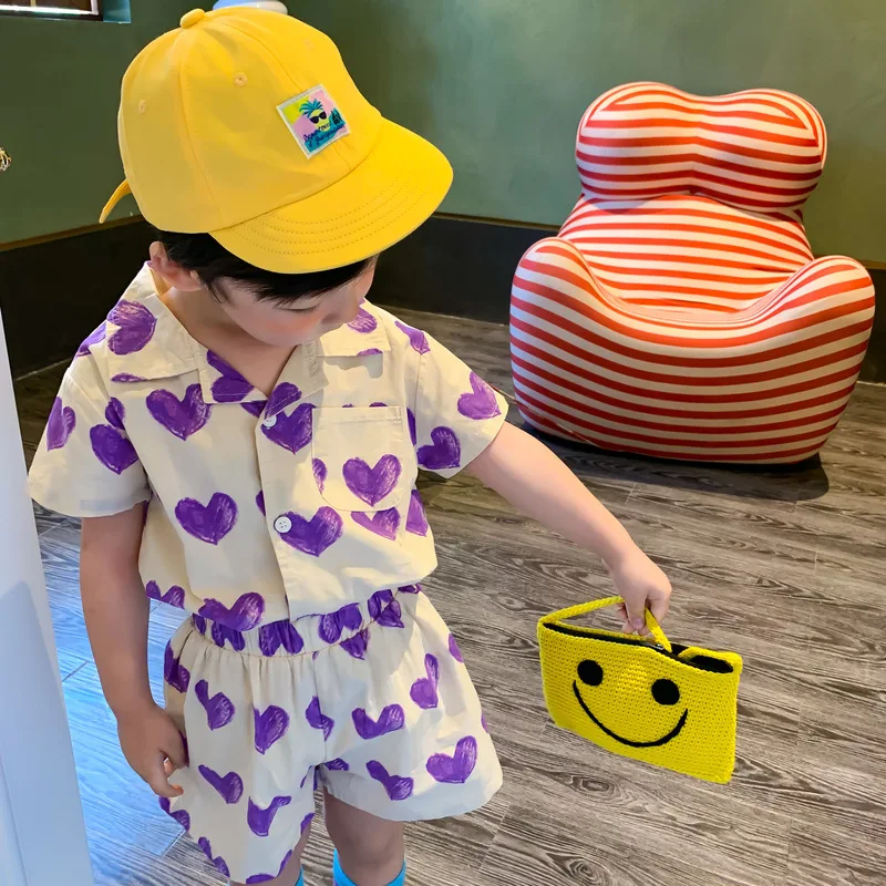 Conjunto de roupas combinando infantil, terno de shorts e top para menino, vestido de deslizamento feminino, coração, roupas de irmão e irmã, verão,