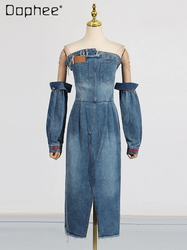 

European American Personality Retro Denim Dress Women Fashion Street Loose Off Shoulder Strapless Slim Split A-line Dresses