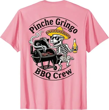 Pinche Gringo BBQ Crew Skelett-Schwein beim Grillen mit Bier (auf Rückseite) T-Shirt Y2k Kochen Smoker Grill Ästhetische Kleidung Herrenmode Tee – Detail 9
