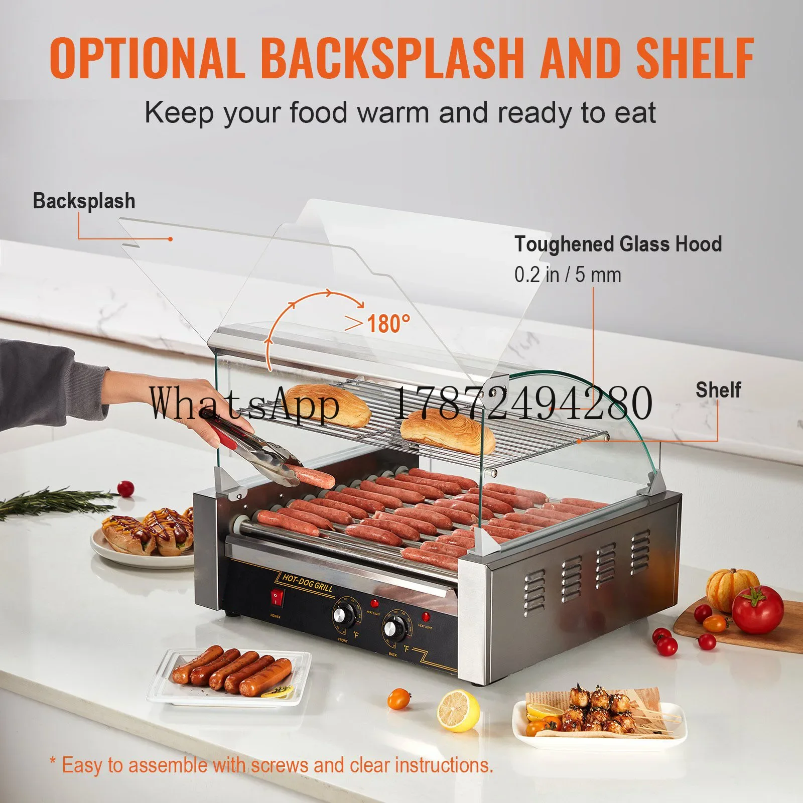 11 Rollers Hot Dog Roller Grill 30 Hot Dogs 1650W Commercial Sausage Machine Dual Temp & Glass