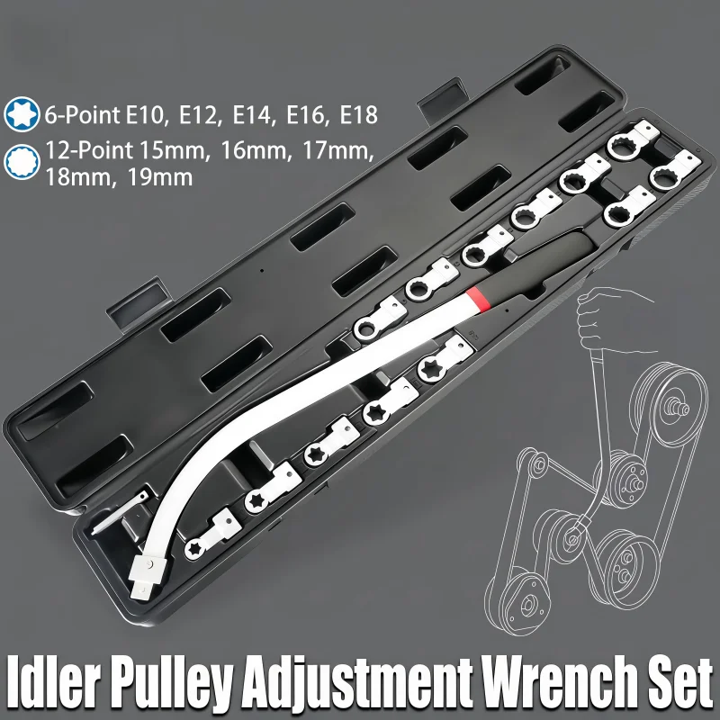 

Universal Car Engine Belt Tensioner Wrench Set E-Type Socket Wrench Extension Handle Pulley Idler Removal Repair Tool Kit