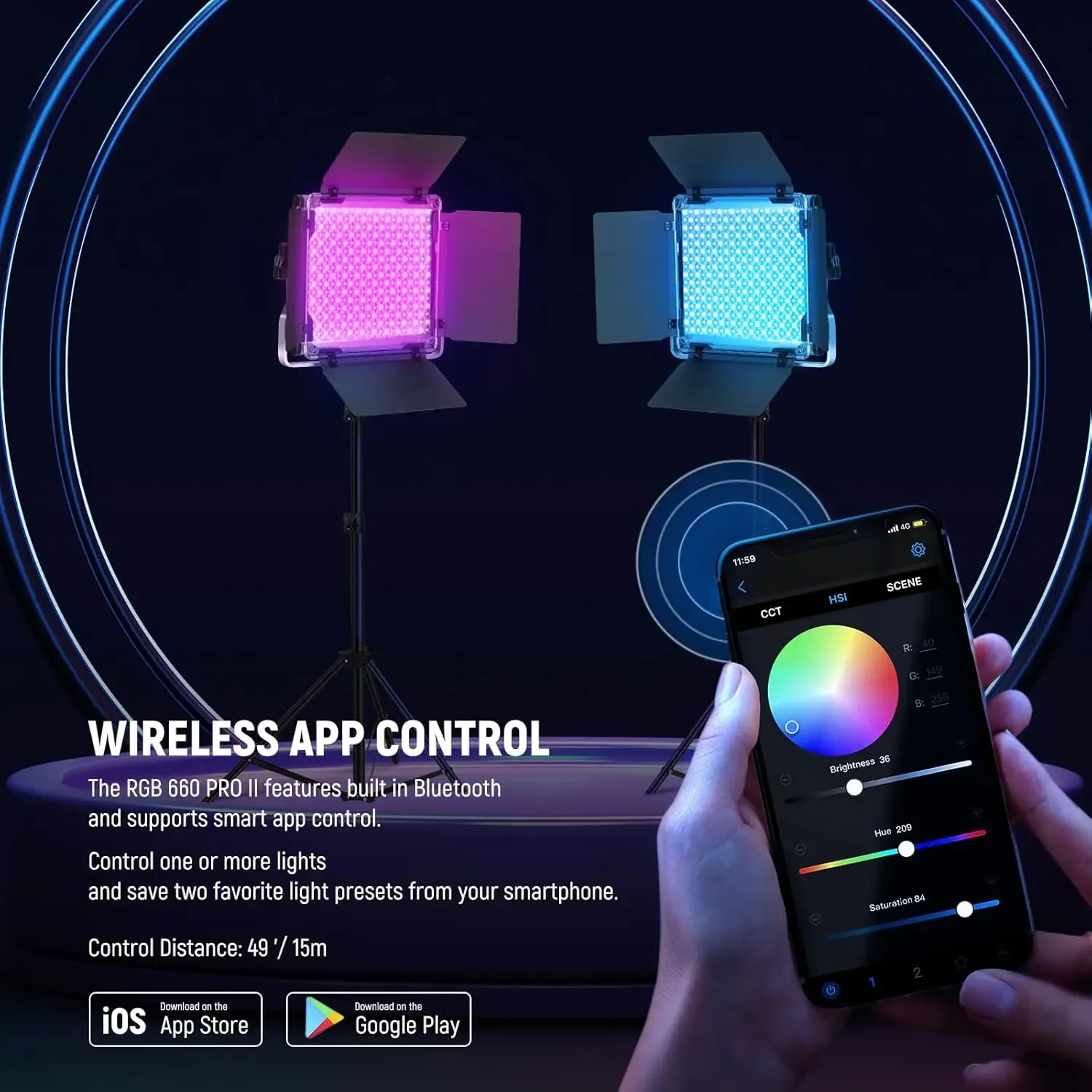 مصباح فيديو LED مطور 660 PRO II RGB مع مجموعة التحكم والحامل، عبوتان ثابتة 50 وات بدون تغيير لون/1% دقيقة دقيقة