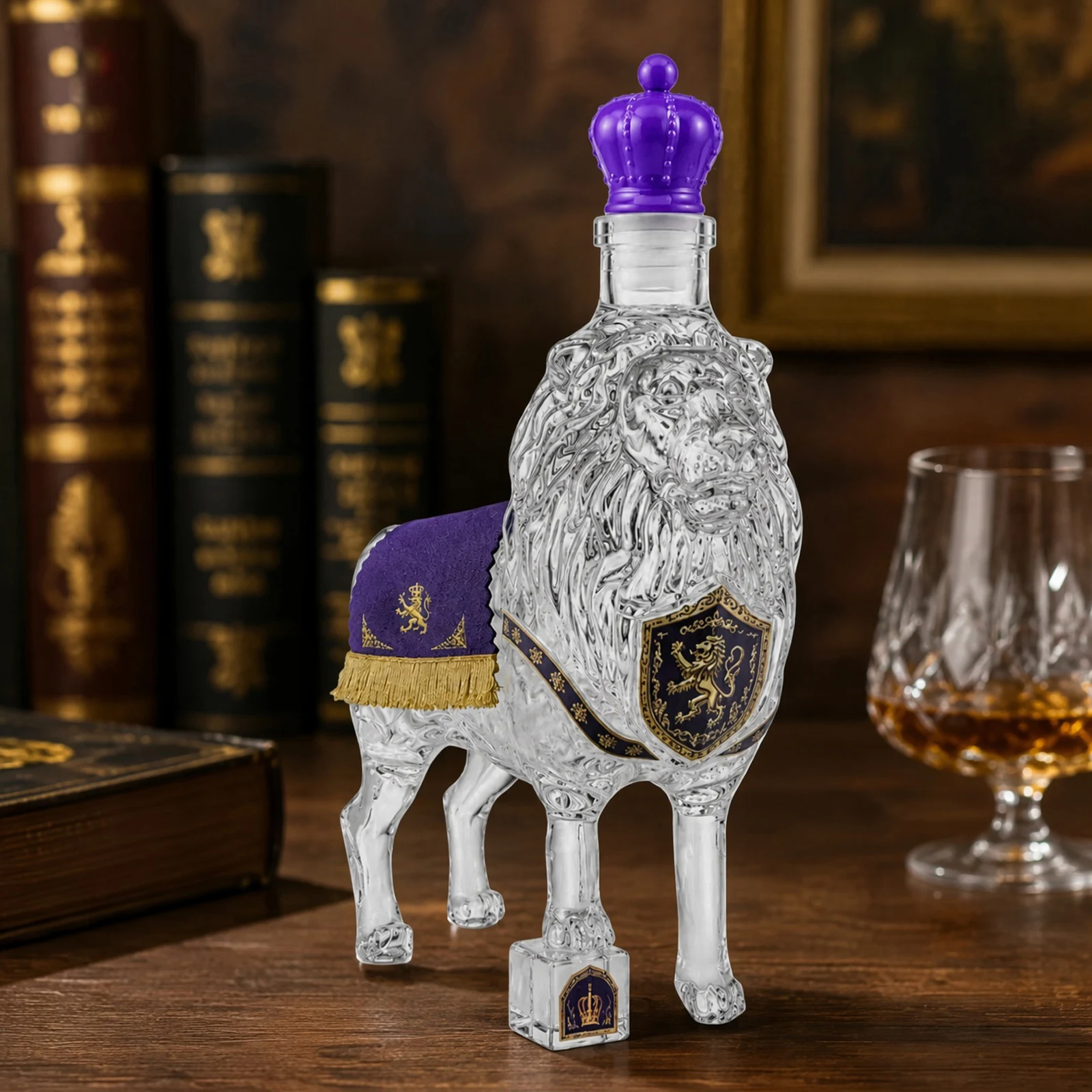 Unique Lion Shaped Empty Glass Decanter, Hand‑Crafted Liquor Wine Whiskey Bottle, Animal Figurine Glassware for Home Bar