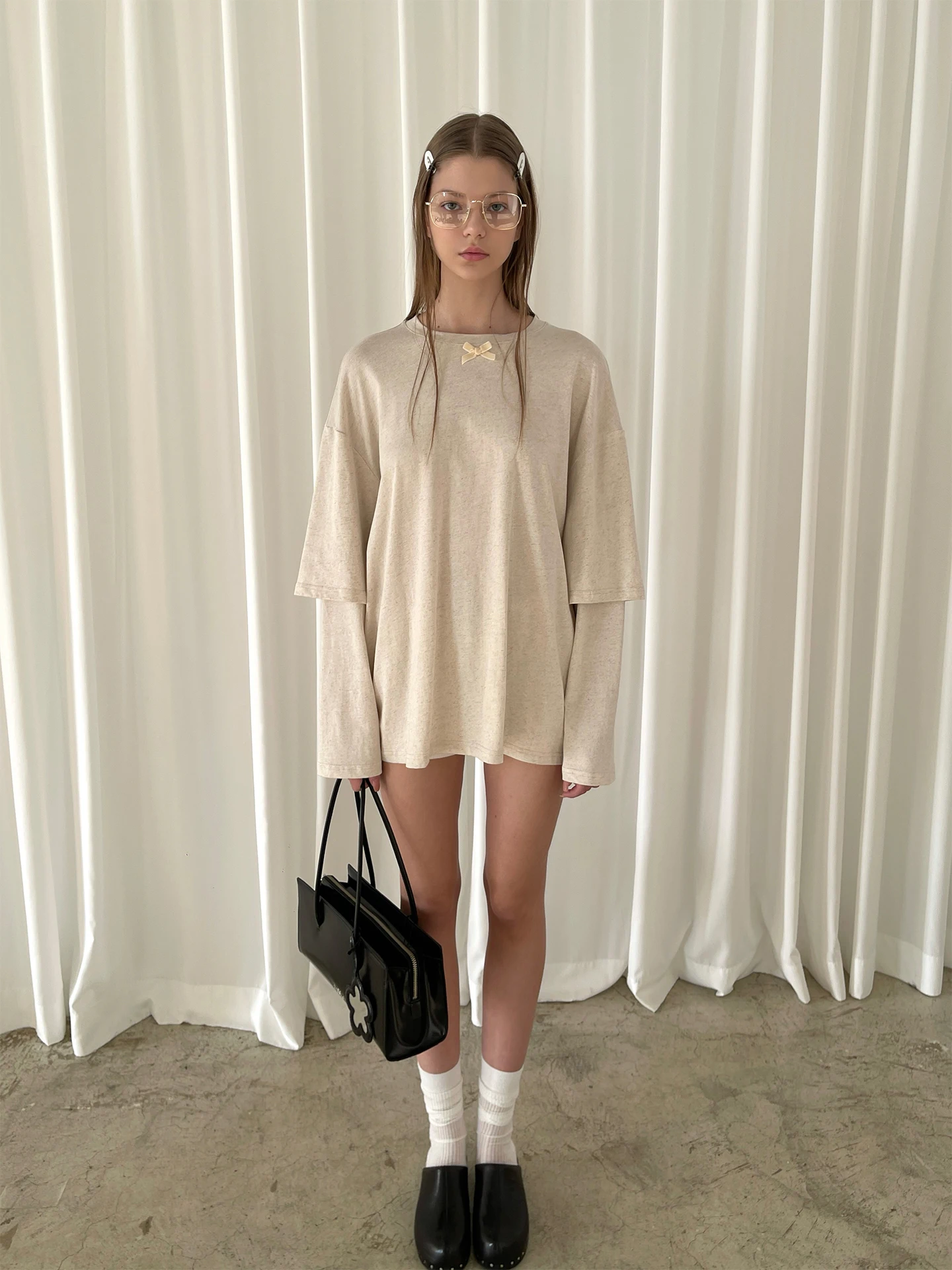 

Женский комплект из двух предметов: футболка с круглым вырезом и бежевым воротником, длинный рукав, хлопок, повседневный стиль, весенняя мода