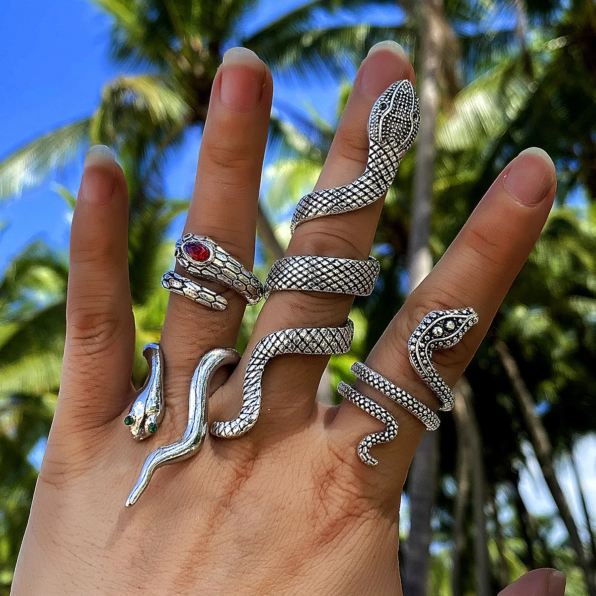 Silver Color Rings Couples Accessories Fashion Punk Vintage Simple Winding Long Snake Rings Set Women Adjustable Finger Jewelry