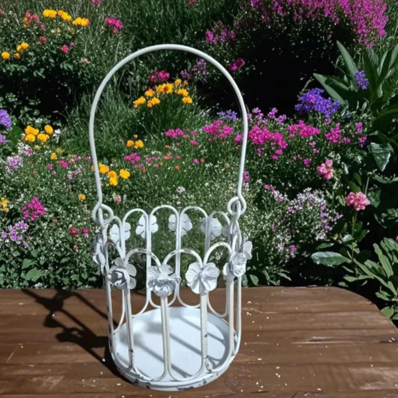 Retro Distress White Hanging Flower Pots Outdoor Bracket Hook Metal Flower Stand Courtyard Decoration Plant Hanging Basin