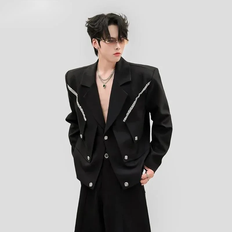 Deconstruction Spliced Men's Blazer Design Button Decor Cropped Suit Outerwear Lapel Shoulder Pad Fashion Jacket MK89I