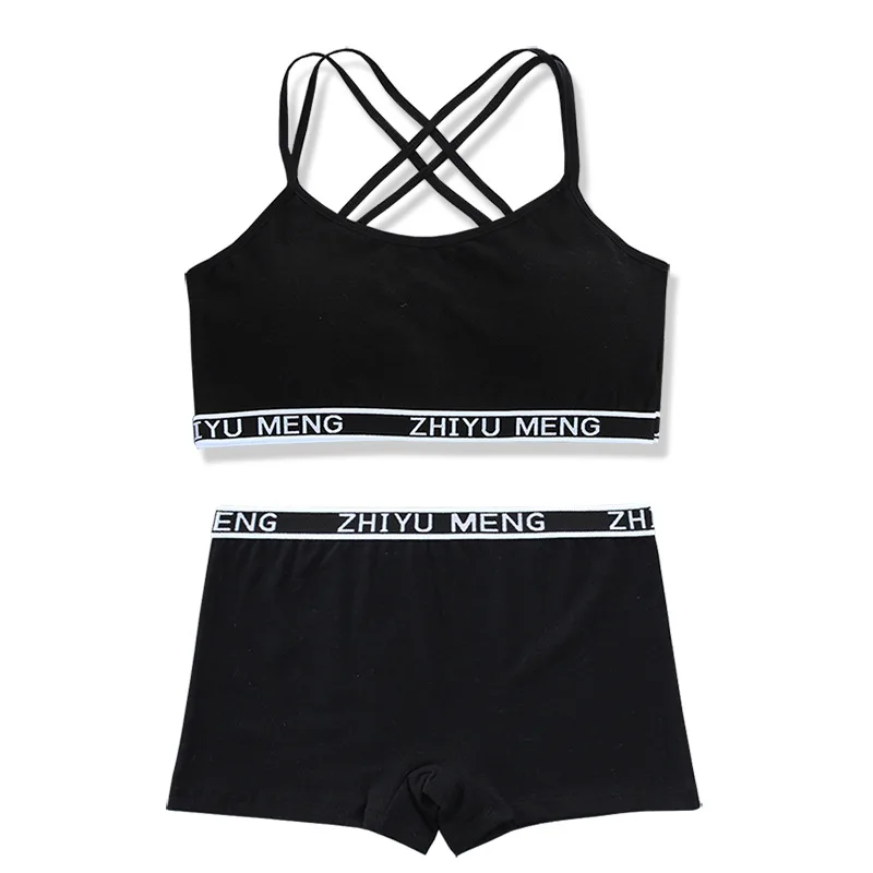 Teenager Girls Bra And Panties Set Casual Young Children Solid Cotton Padded Training Bra+Elastic Waist Brief Kids Underwear Set