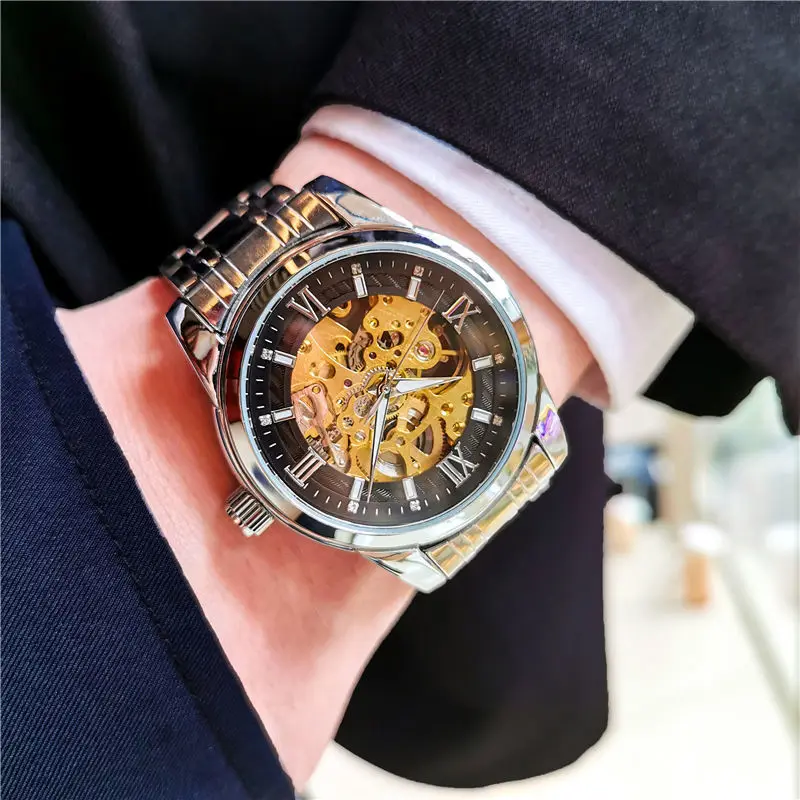 

New Stylish Business Men's Mechanical Watch, Automatic Winding, Stainless Steel Strap, Round Dial, Skeleton Design, Fashionable Accessory, Suitable for Business and Casual Wear, Ideal Gift Choice, Brand-Name Watch