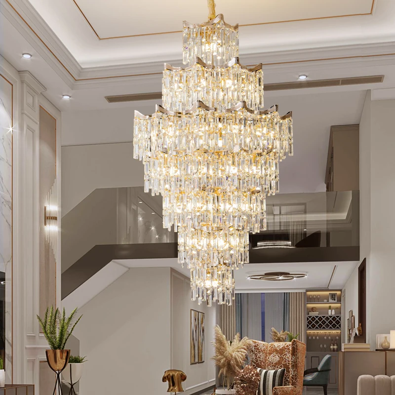 Duplex Villa Living Room Large Chandelier High Ceiling Light Luxury Crystal Lamp Loft Hollow Spiral Staircase Long Chandelier