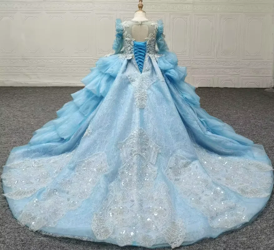 Vestido de flor brilhante extravagante para meninas, babados, tule macio, frisado pesado, vestidos de aniversário para meninas, festa do concurso