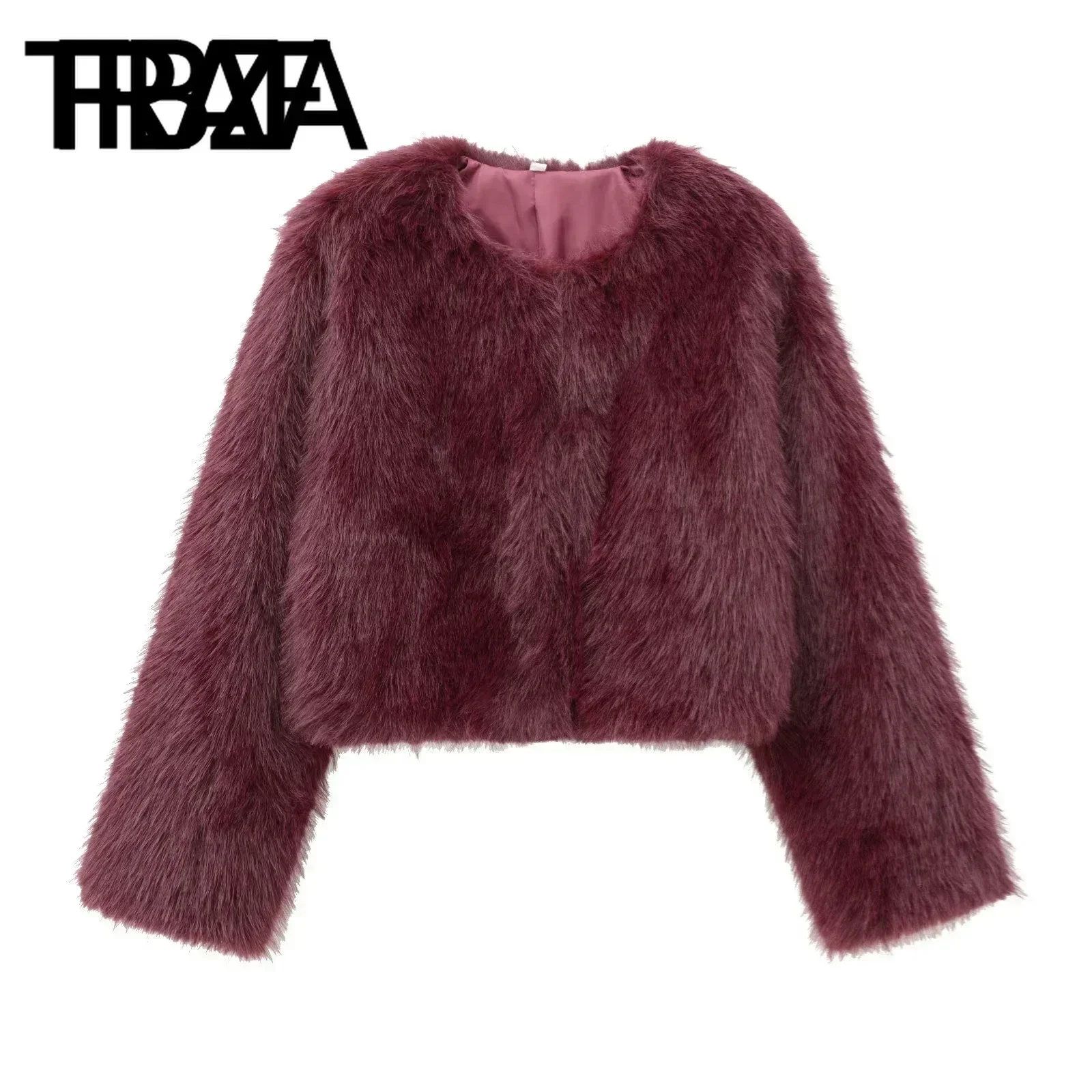 TRAF Women Fashion Winter New 2024 Solid Artificial Fur Effect Jacket Long Sleeved Round Neck Short Coats Chic Ladies Tops