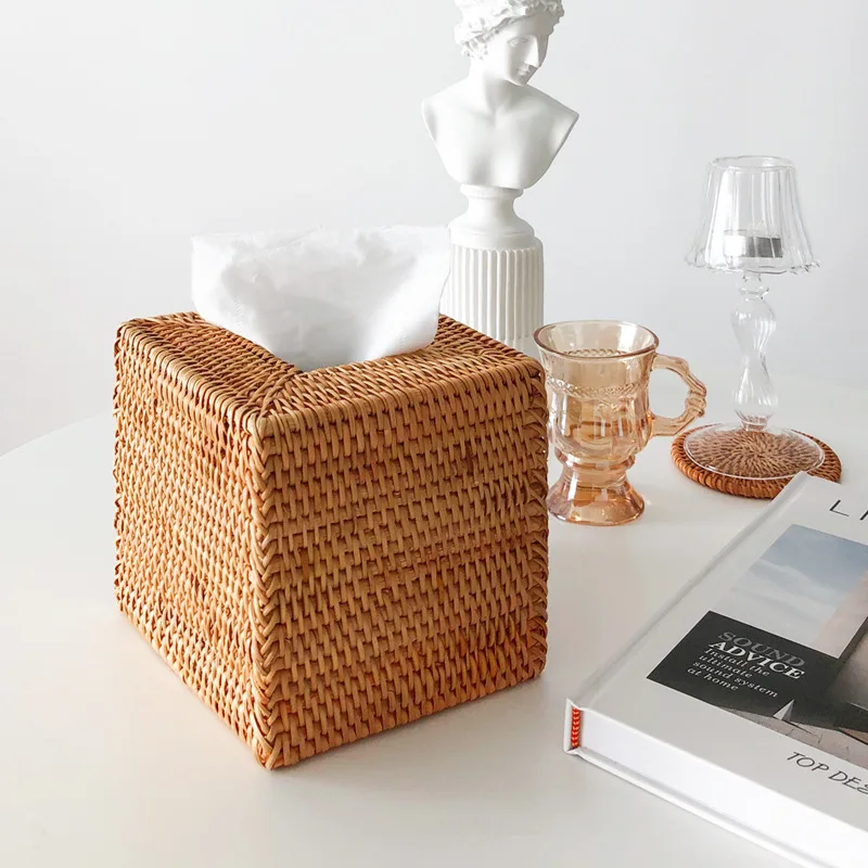 

Nordic Wooden Rattan Tissue Box Square Paper Holder Retro Woven Napkin Storage Box Vintage Handcrafted Home Decor Gift No bottom