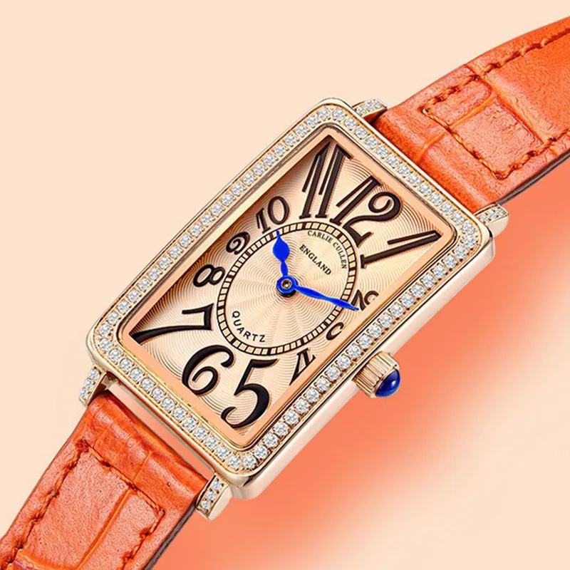 Fashion Unique Design Luxury Diamond Crystal Women Watches Orange Leather Strap Quartz Girl Ladies Clock Dress Wristwatch