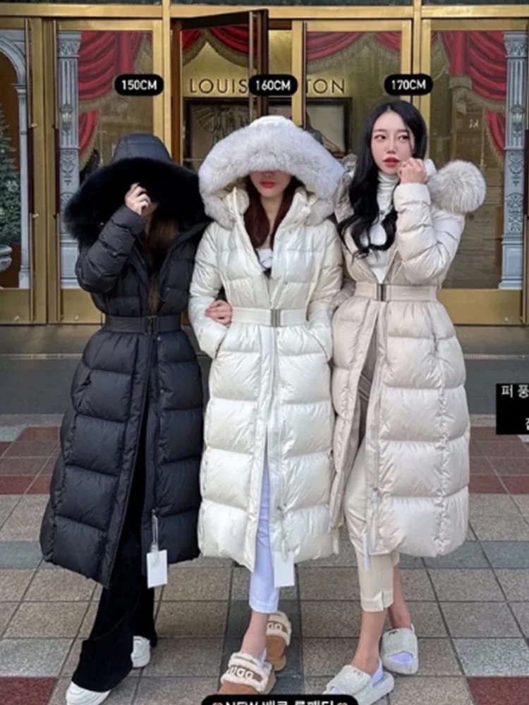 

East Gate Genuine Fur Collar down Jaet Women's Mid-Length Knee-High Thi Warm Hooded White Du down Outerwear