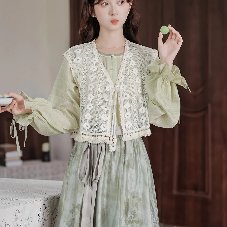 

LiXia Wild ape HanSu ort irt f Skirt Silk Lantern Pants Original Improved Hanfu Women's Faion Set V-ne Four Seasons