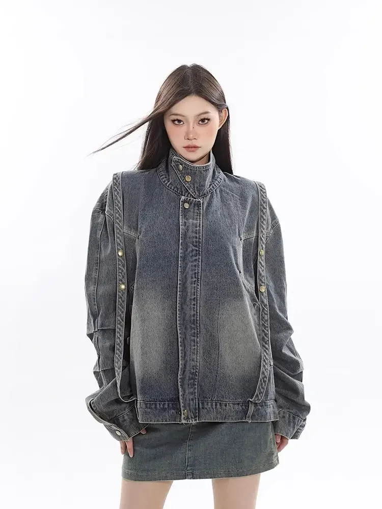 

American Retro Denim Coat Women Jacket Top Autumn Motorcycle Style Stand Neck Loose Causal Jacket Washed Old Top Women Clothing