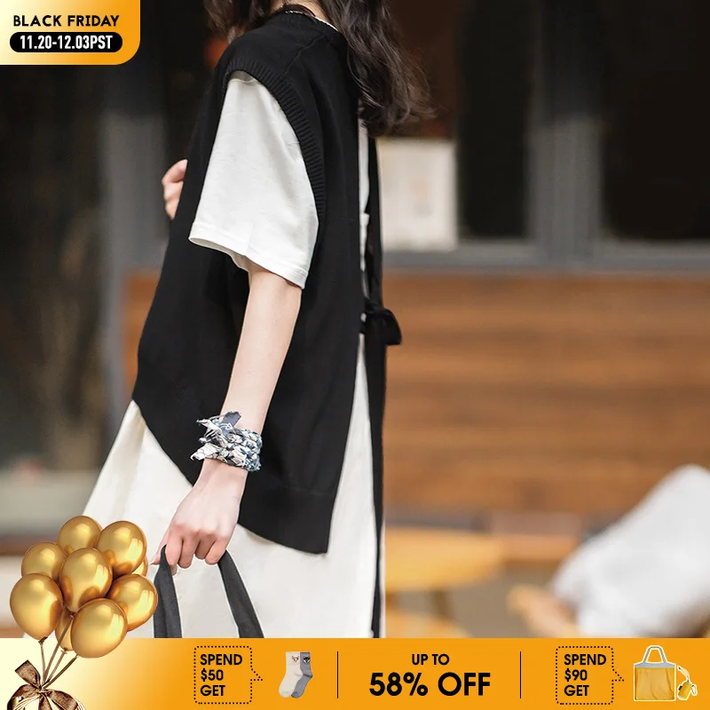 

Женский Повседневный Трикотажный жилет Maden, Черный винтажный свитер без рукавов на шнуровке с V-образным вырезом, женская трикотажная одежда, топы