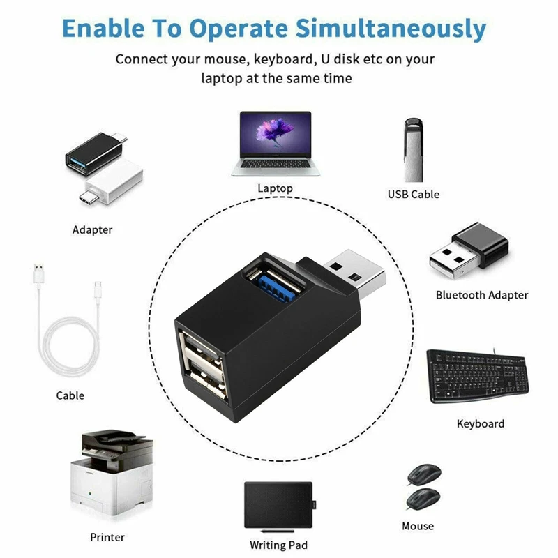 Mini Hub USB 3,0 de 3 puertos, caja distribuidor de alta velocidad para PC, Notebook, ordenador, disco U, lector de tarjetas de teléfono móvil, 2 uds.