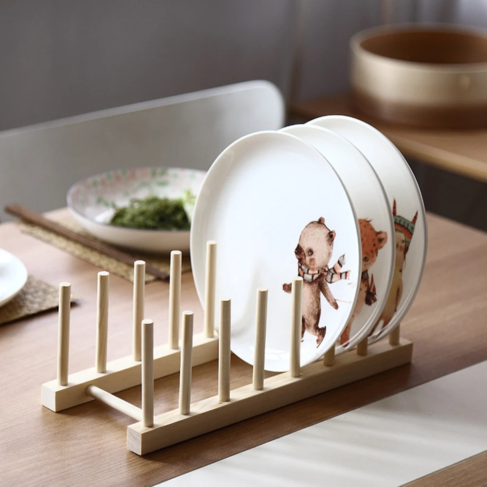 

Natural Wood Dish Rack Utensil Holder Kitchen Storage Rack Plate Lid Holder Multi-Function Cup Shelf Organizer for Home