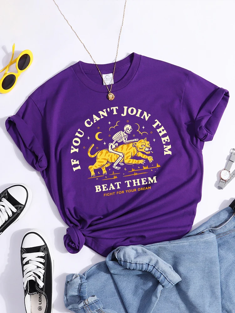 If You Can'T Join Them Beat Them Fight For Your Dream Skull Tames Tigerswomens T-Shirts Daily Tshirts Casual Soft Teescute Tops