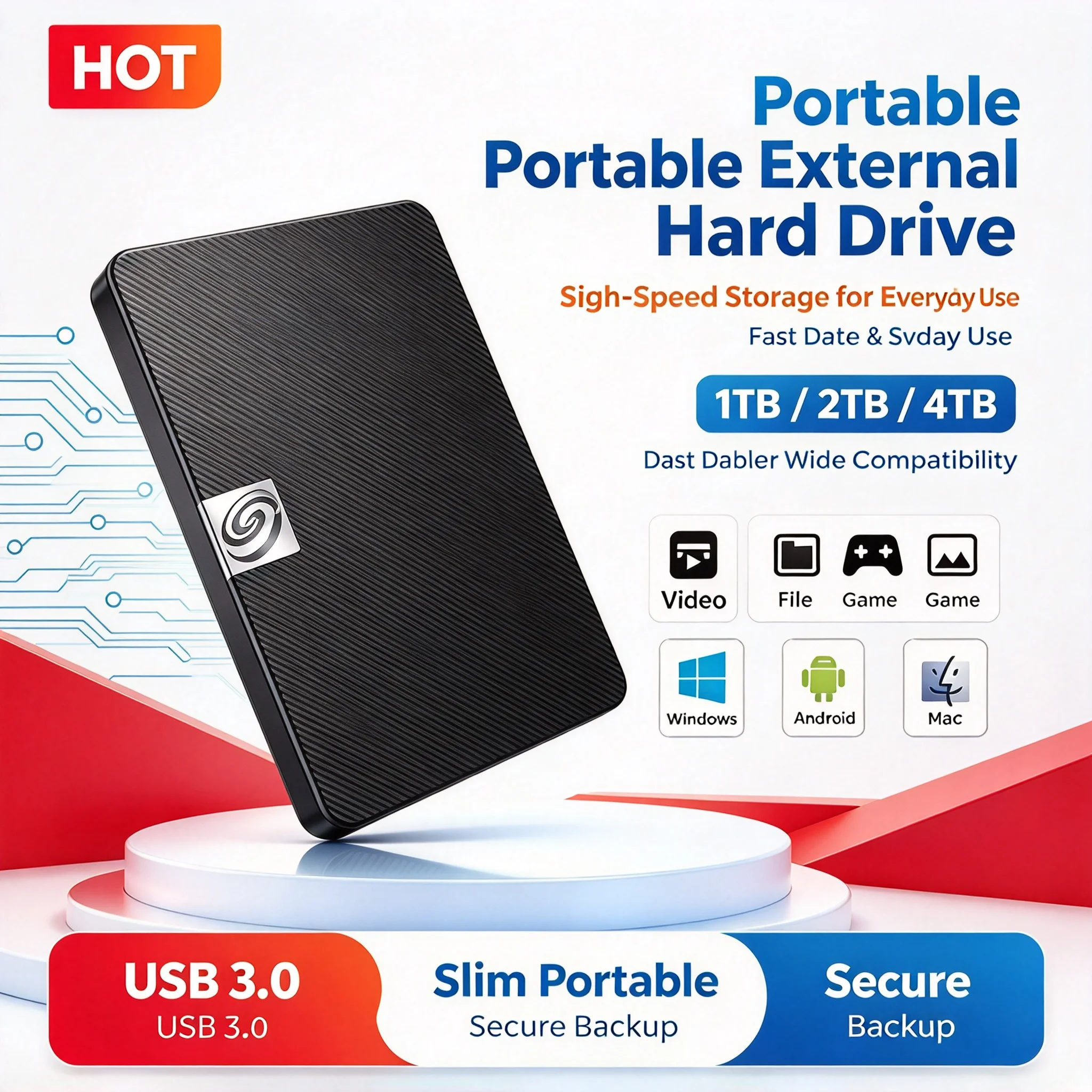 Original Mobile HDD 1TB 2TB USB3.0 Portable External Hard Disk High Speed Storage Drive Compatible with Laptop Mac Desktop PC