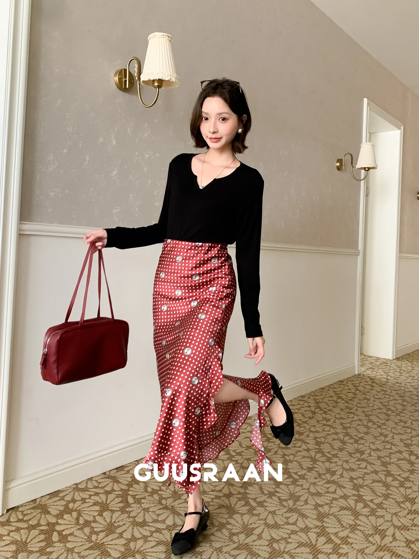 

Betty Miss Midi A-Line Skirt Women's Polka Dot Print Elegant Lady's Skirt Autumn Season City Commute High Waist Polyester Fiber
