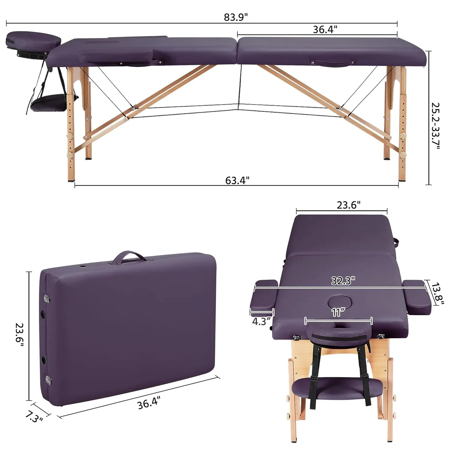 Massagetafel Draagbare Lash Bed Spa Bed Massage Bed Opvouwbare Spa Tafels Verstelbaar 2 Vouw Met Niet-Geweven Tas 24 Inch, Lavendel