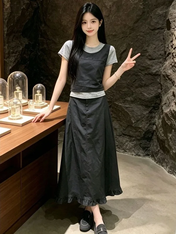 

Korean Style Three-Piece Set Women's Summer Fashion Layering Vest Pure Color T-Shirt Midi Skirt Ensemble High Waist Polyester...