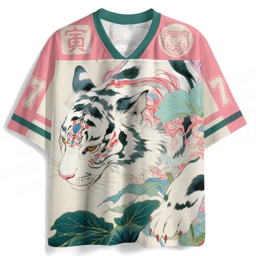 2026 Summer Fashion Trendy Fun Lotus Leaf Walking Tiger 3D Printed T-shirt Quick Drying Outdoor Sports Leisure V-neck T-shirt