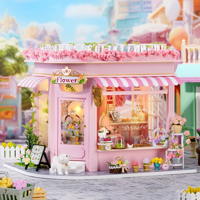 DIY Wooden Miniature Building Kits Colorful Flower Shop Doll Houses With Furniture Casa Dollhouses for Friends Birthday Gifts