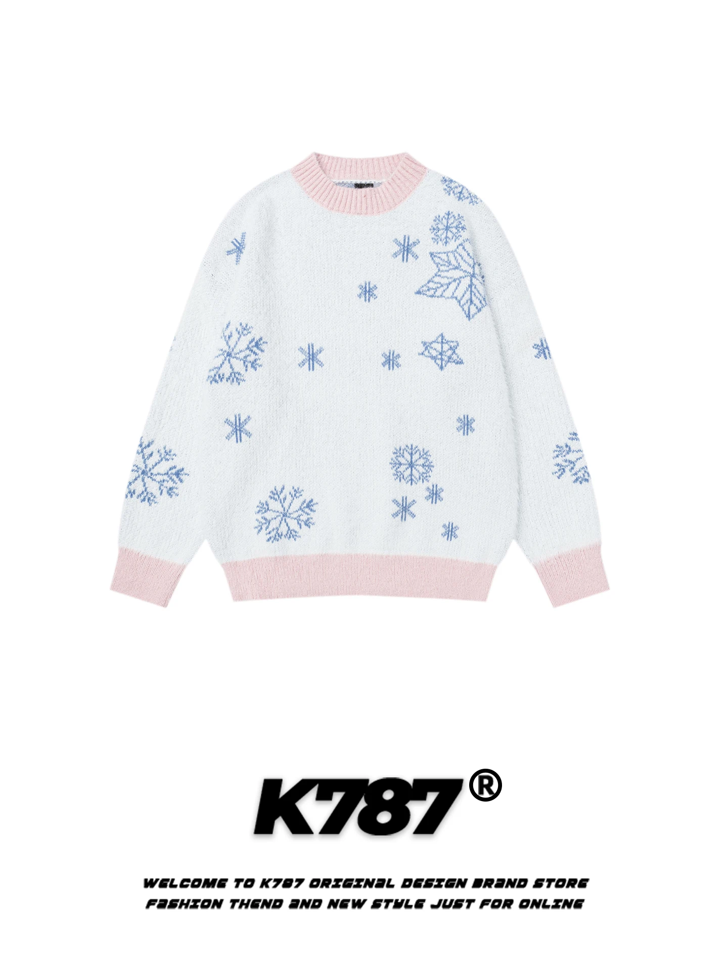 

K787 American Casual Hexagonal Snowflake round Ne Sweater Women Loose Lazy Sle Warm Color Blo Anti-Aging Knitted Winter