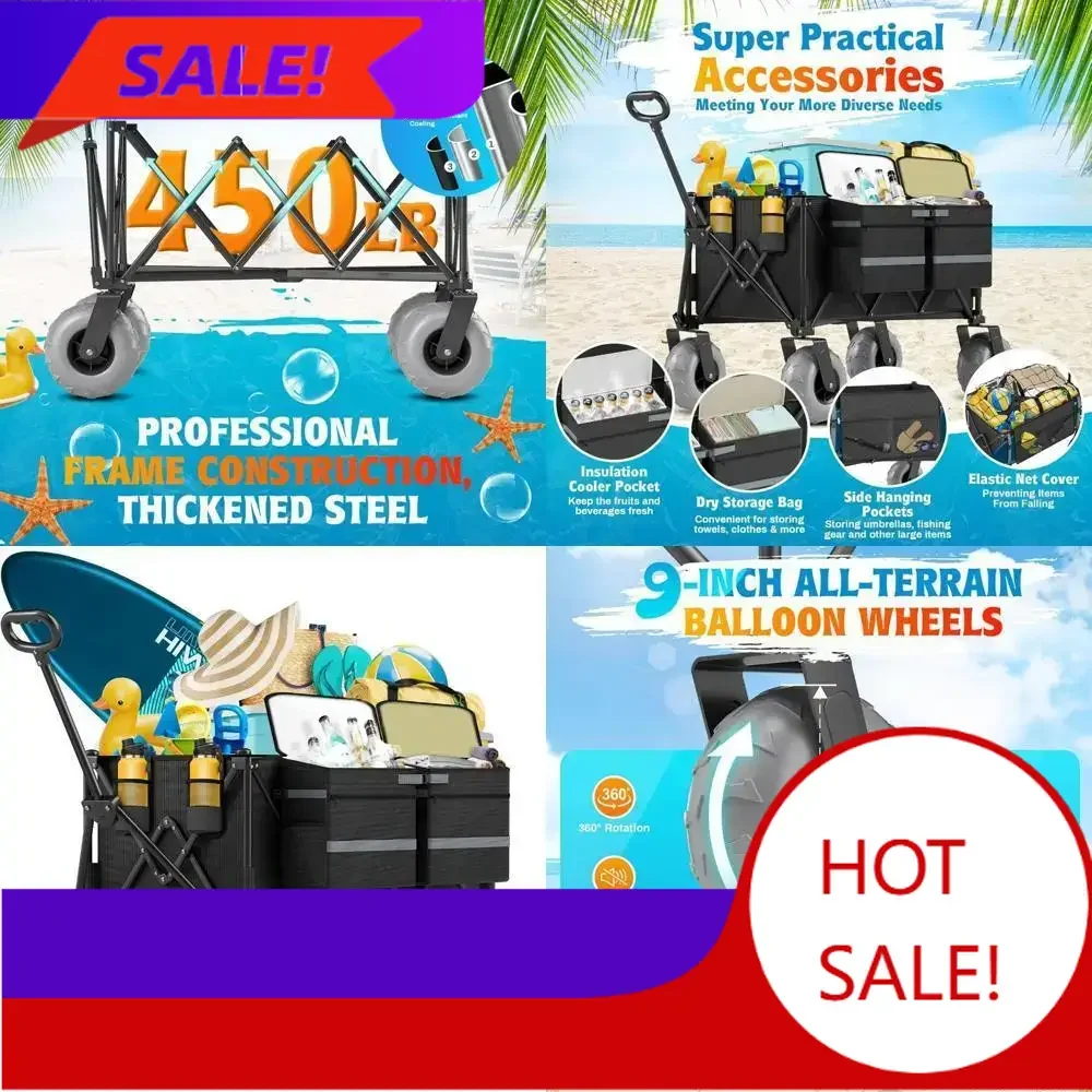 

Хит продаж: Прочная пляжная тележка с 9 большими колесами для песка, грузоподъемность 204 кг, складная, с регулируемой ручкой и сумкой-холодильником, цвет: [цвет].