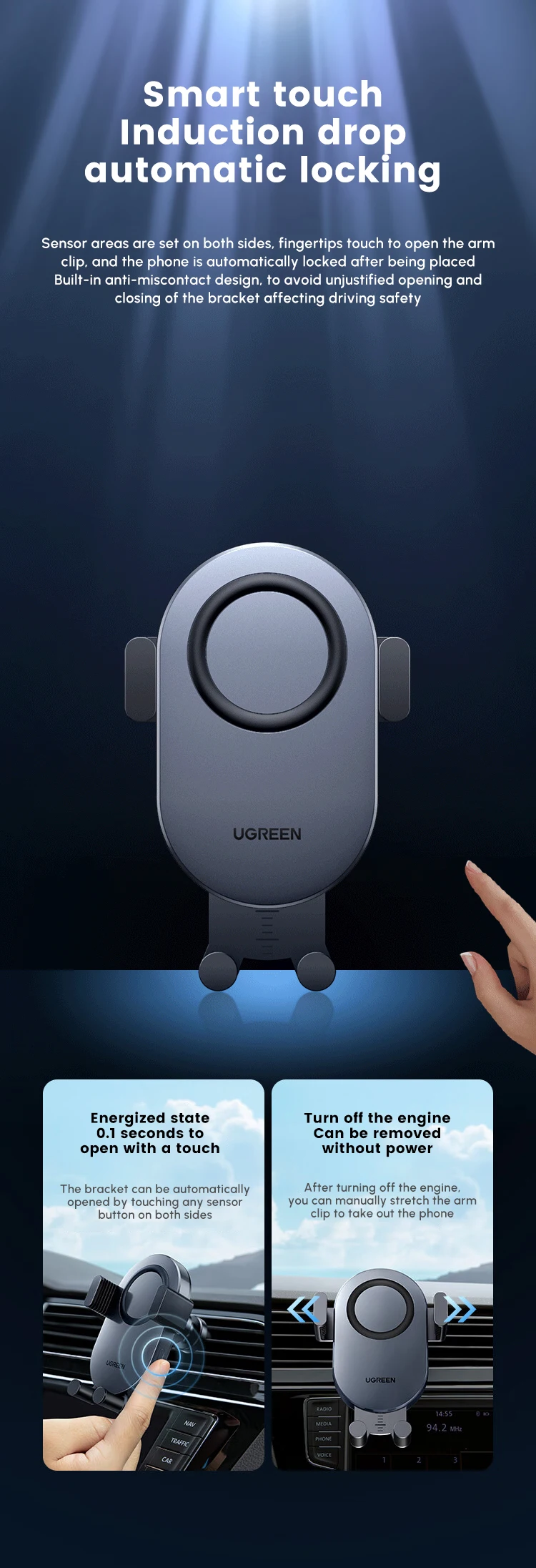 U GREEN 15W Fast Wireless Car Charger Air Vent Phone Holder Qi Wireless Charging Mount For iPhone Series Mobile Phone