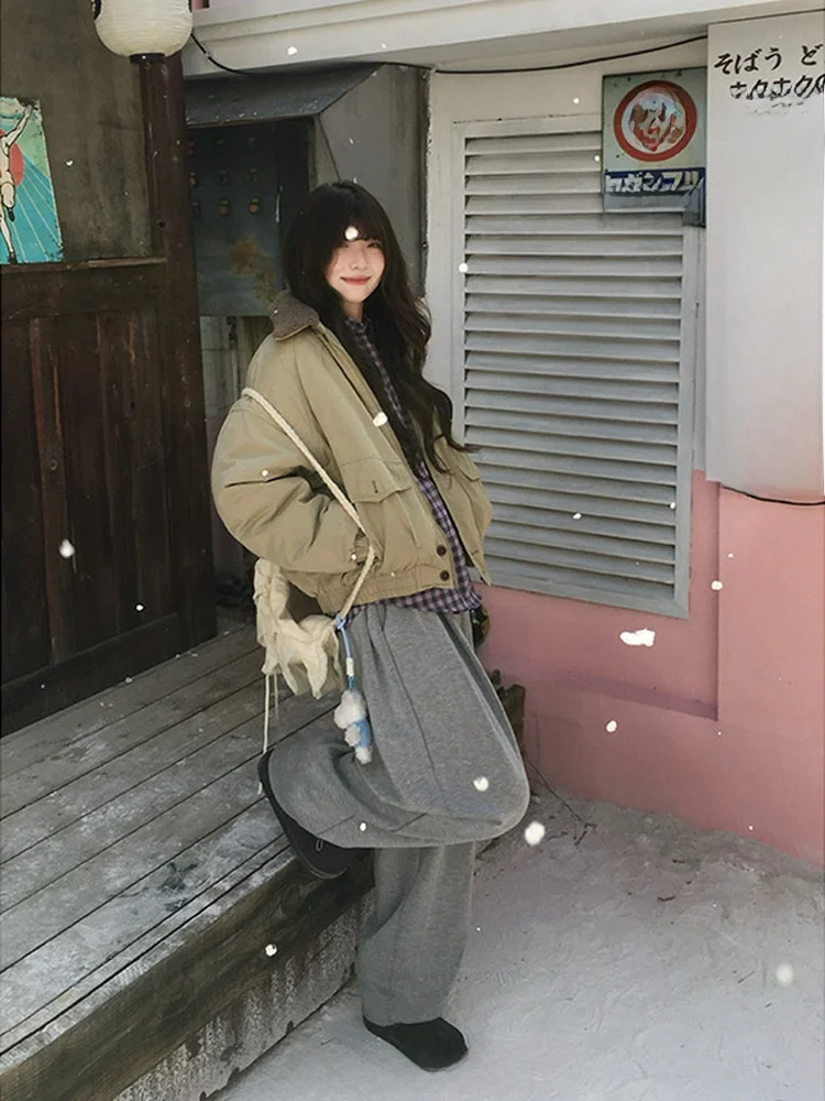 

VOUSALME Повседневное женское хлопковое пальто свободного кроя с отделкой из овечьей шерсти, универсальное, прямого силуэта, с длинными рукавами