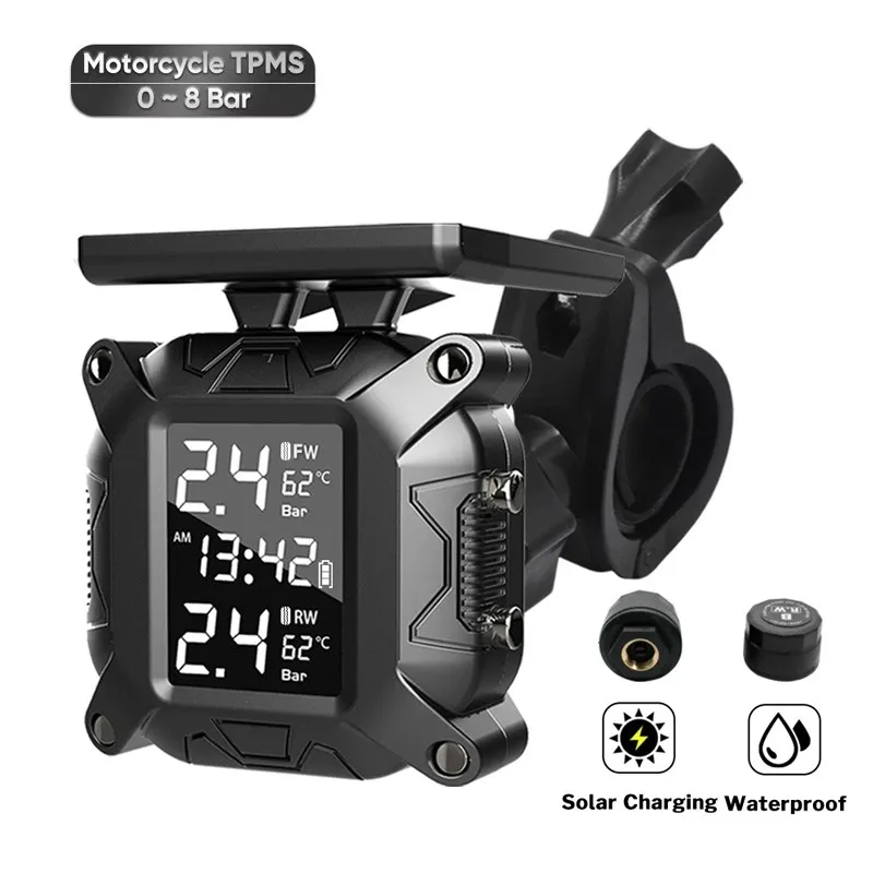 Solar Charging Wireless Motorcycle TPMS Motor Tire Pressure Tyre Temperature Monitoring Alarm System With 2 External Sensors view 3