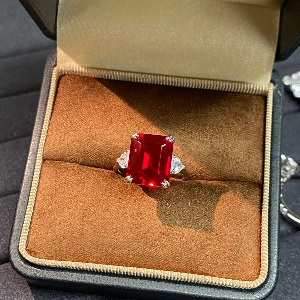 Cultivated Ruby Ring S925 Silver European and American Emerald Cut Treasure Ring Fashion Light Luxury
